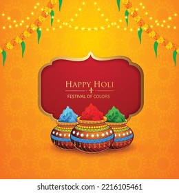 Happy Holi indian hindu festival of colors greeting mandala background with colorful yellow, red, blue powder paint vector banner, poster, creative, flyer