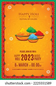 Happy Holi indian hindu festival of colors invitation greeting card orange background with colorful green, blue, red powder , banner, poster, creative, flyer, vector