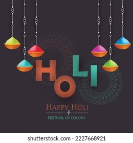 Happy Holi indian hindu festival of colors greeting orange background with colorful green, blue, red powder , banner, poster, creative, flyer