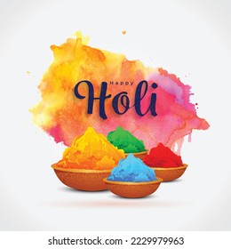 Happy Holi indian hindu festival of colors greeting orange background with colorful green, blue, red powder , banner, poster, creative, flyer
