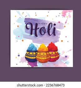Happy Holi indian hindu festival of colors  greeting hand drawn illustration with water color background with colorful green, blue, red powder , banner, poster, creative, flyer