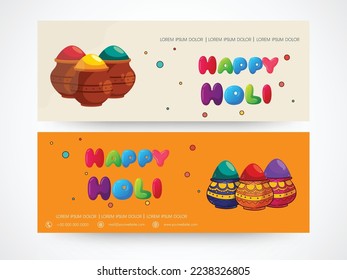 Happy Holi indian hindu festival of colors greeting orange background with colorful green, blue, red powder , banner, poster, creative, flyer
