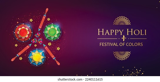 Happy Holi indian hindu festival of colors greeting black background with colorful green, blue, red powder , banner, poster, creative, flyer