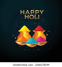 Happy Holi indian hindu festival of colors greeting orange background with colorful green, blue, red powder , banner, poster, creative, flyer, vector