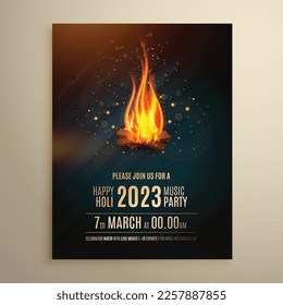 Happy Holi indian hindu festival of colors , holika dahan invitation greeting card with  bonfire background banner, poster, creative, flyer, vector