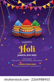 Happy Holi indian hindu festival of colors invitation greeting card orange background with colorful green, blue, red powder , banner, poster, creative, flyer, vector