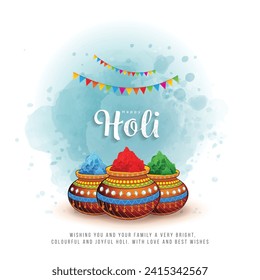 Happy Holi indian hindu festival of colors greeting mandala background with colorful yellow, red, blue powder paint vector banner, poster, creative, flyer