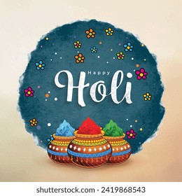 Happy Holi indian hindu festival of colors greeting mandala background with colorful yellow, red, blue powder paint vector banner, poster, creative, flyer