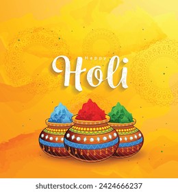 Happy Holi indian hindu festival of colors greeting mandala background with colorful yellow, red, blue powder paint vector banner, poster, creative, flyer