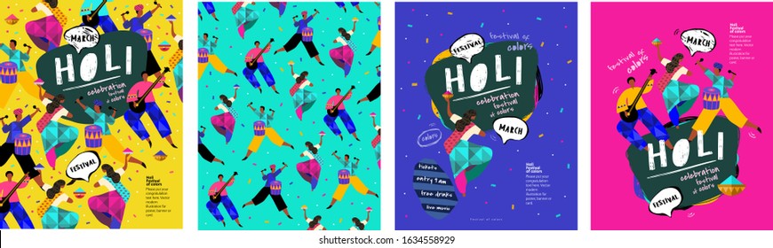 Happy Holi! Indian holiday festival of colors. Vector illustration of people, dancers, musicians for a poster, banner or background.
 

 