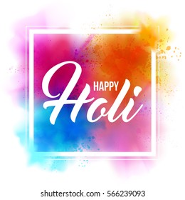 Happy Holi Indian spring festival of colors greeting vector background with editable realistic vibrant colorful Holi powder paint clouds and sample text. Blue, orange, pink and magenta powder paint.