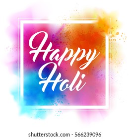 Happy Holi Indian spring festival of colors greeting vector background with editable realistic vibrant colorful Holi powder paint clouds and sample text. Blue, orange, pink and magenta powder paint.