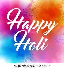 Happy Holi Indian spring festival of colors greeting vector background with editable realistic vibrant colorful Holi powder paint clouds and sample text. Blue, orange, pink and magenta powder paint.