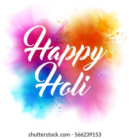 Happy Holi Indian spring festival of colors greeting vector background with editable realistic vibrant colorful Holi powder paint clouds and sample text. Blue, orange, pink and magenta powder paint.