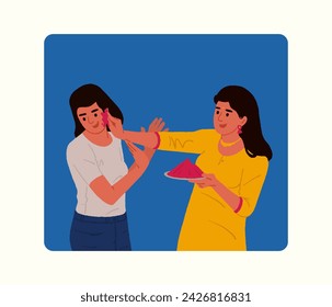 Happy Holi, Indian women celebrating the Holi festival with editable vector hand-drawn illustrations.