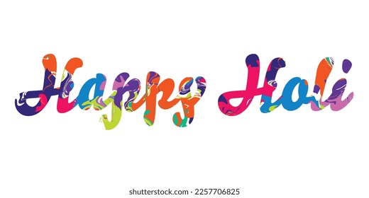 Happy Holi inscription bright mixed colors on white background for banner web social media congratulations postcard