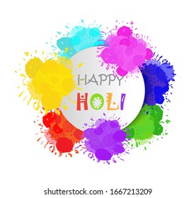 Vector de tarjeta de invitación Happy Holi. Cartel del festival de colores hindú. Manchas de color de agua, salpicaduras en un fondo blanco.