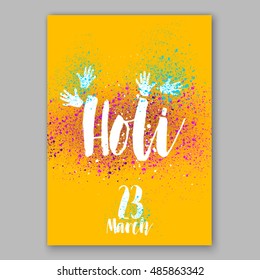 Happy Holi invitation vector template background design element with colorful Holi powder paint clouds and sample text. Blue, yellow, pink and violet powder paint