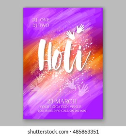 Happy Holi invitation vector template background design element with colorful Holi powder paint clouds and sample text. Blue, yellow, pink and violet powder paint