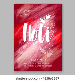 Happy Holi invitation vector template background design element with colorful Holi powder paint clouds and sample text. Blue, yellow, pink and violet powder paint