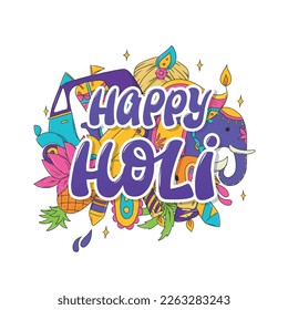 Happy Holi lettering quote decorated with doodles. Good for posters, prints, cards, stickers, invitations, banners, etc. EPS 10