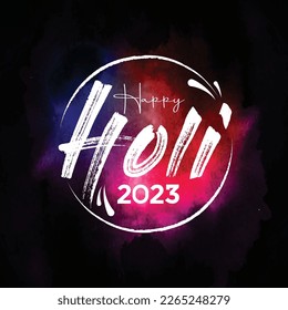 The Happy Holi Logo Unit, banner, Icon, Design, Sticker, Concept, Greeting Card, Template, Poster, Unit, Label, Web, with colors splash in the dark background.