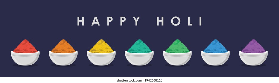 Happy Holi Minimalist Graphic illustration in flat style, Beautiful Round Shaped Bowls filled with heap, mound or pile of colour Powder set isolated on a dark bluish background for Festival of Colors.