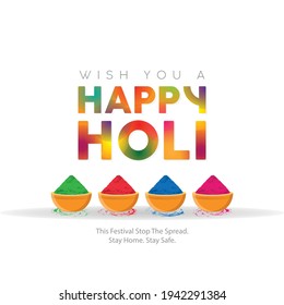 Happy Holi Minimalist Graphic Vector Art Illustration, beautiful round Bowls with heap, mound or pile of colours for Festival of Colors, Rang Panchami, Dhulivandan; with wishes and Social message.
