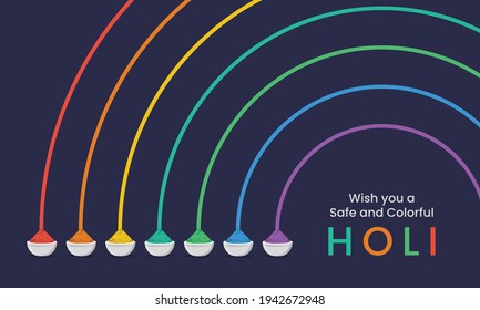 Happy Holi Minimalist illustration in flat style, Beautiful Bowls with heap, pile or mound of color Powder, Rainbow and Festival wishes with Covid-19 Corona Pandemic safety precautions for festival.