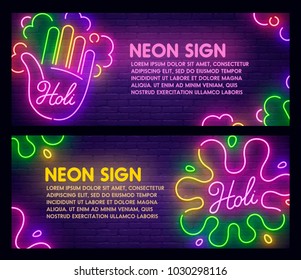 Happy Holi neon sign. Web banner theme Holi, logo, emblem and label. Neon sign, bright signboard, light banner. Vector illustration 