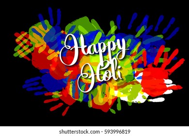 Happy holi on a background of hand prints. Happy Holi background. Vector illustration. Great banner for graphic or web design