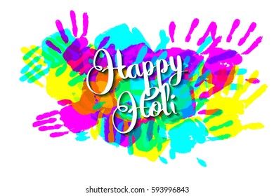 Happy holi on a background of hand prints. Happy Holi background. Vector illustration. Great banner for graphic or web design