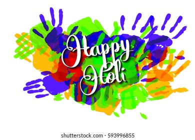 Happy holi on a background of hand prints. Happy Holi background. Vector illustration. Great banner for graphic or web design