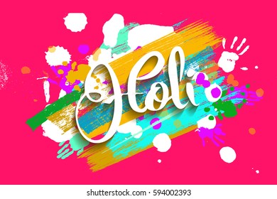 Happy holi on a background of hand prints. Happy Holi background. Vector illustration. Great banner for graphic or web design