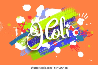 Happy holi on a background of hand prints. Happy Holi background. Vector illustration. Great banner for graphic or web design
