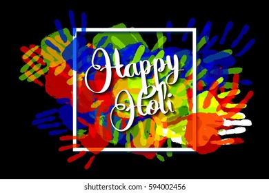 Happy holi on a background of hand prints. Happy Holi background in square frame. Vector illustration. Great banner for graphic or web design