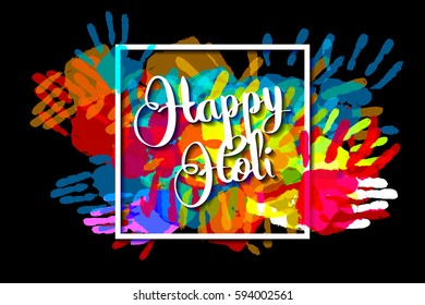 Happy holi on a background of hand prints. Happy Holi background in square frame. Vector illustration. Great banner for graphic or web design