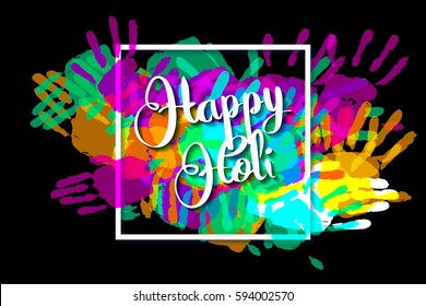 Happy holi on a background of hand prints. Happy Holi background in square frame. Vector illustration. Great banner for graphic or web design