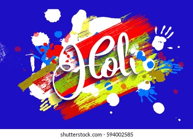 Happy holi on a background of hand prints. Happy Holi background. Vector illustration. Great banner for graphic or web design