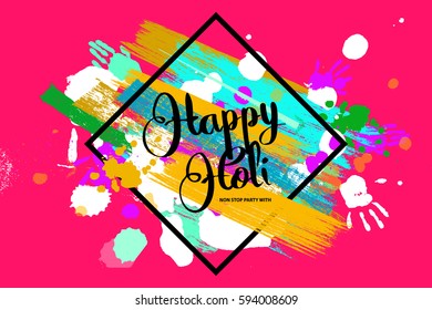 Happy holi on a background of hand prints. Happy Holi background in square frame. Vector illustration. Great banner for graphic or web design