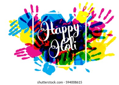 Happy holi on a background of hand prints. Happy Holi background in square frame. Vector illustration. Great banner for graphic or web design