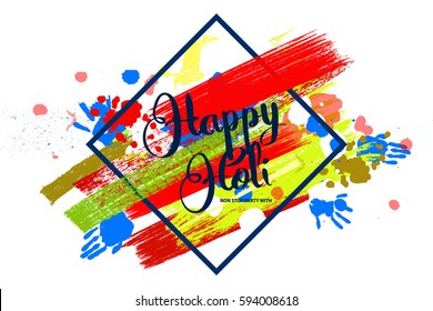 Happy holi on a background of hand prints. Happy Holi background in square frame. Vector illustration. Great banner for graphic or web design