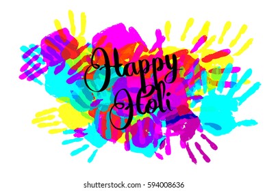 Happy holi on a background of hand prints. Happy Holi background. Vector illustration. Great banner for graphic or web design