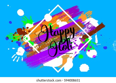 Happy holi on a background of hand prints. Happy Holi background in square frame. Vector illustration. Great banner for graphic or web design