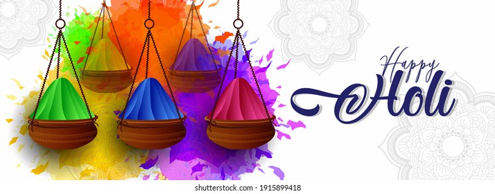 Happy Holi on white background with hanging color pot for header or banner design.