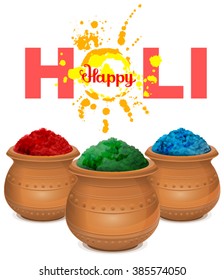 Happy Holi paint pot. Isolated on white illustration