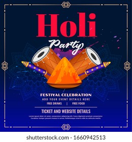happy holi party flyer with pichkari and dhol
