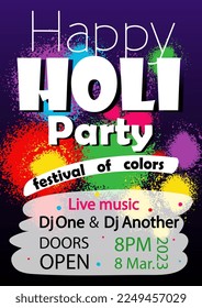 Happy Holi party vertical flyer vector illustration. Invitation to festival of colors. Poster template. Color splashes and drops on dark violet background