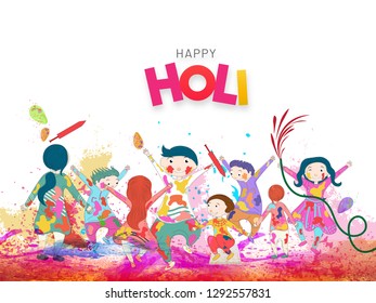 Happy Holi poster or banner design with illustration of happy kids character celebrating holi festival.