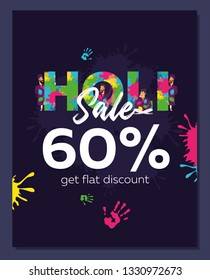 Happy Holi, poster, banner discount 60% for India festival festivities, in yellow, pink, green, blue tones on blue background, vector illustration